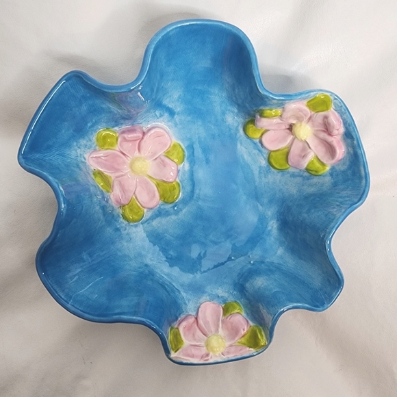 Handmade Ceramic Dish Glazed Blue with Pink Flowers 7" Unique Wavy Edge Bowl - Picture 2 of 14